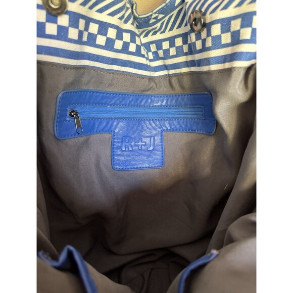 R & J BoHo Painted Canvas Tote HandBag Purse Thick Braided Handles LG Blue White - Picture 4 of 4